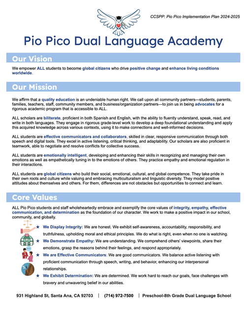 Pio Pico's Implementation Plan for the 24-25 School Year